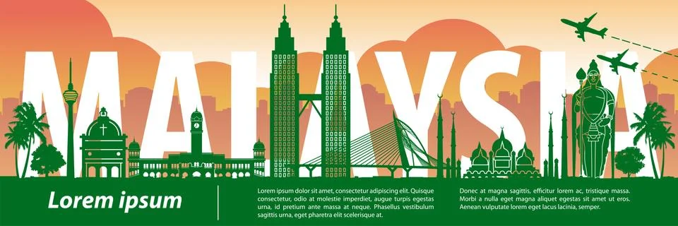 Malaysia famous landmark silhouette style,text within Stock Illustration