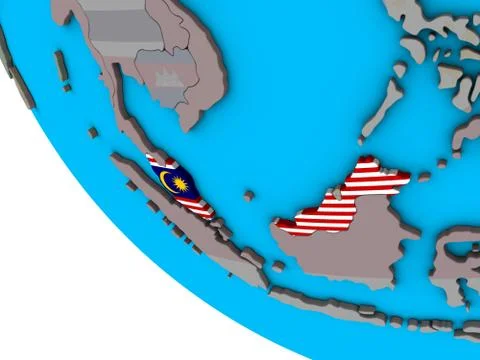 Malaysia with flag on 3D globe Stock Illustration