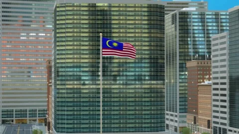 Malaysia Flag 3D Render Animation on Pole with Modern Business District Buil Stock-Footage 332878402