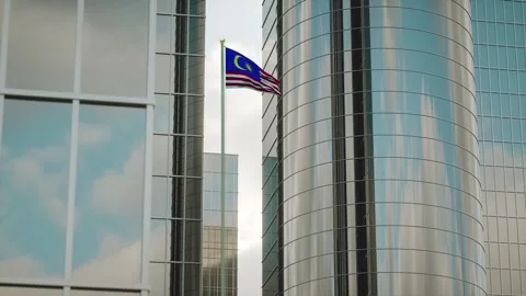 Malaysia Flag 3D Render Animation on Pole with City Buildings Video stock 332878964