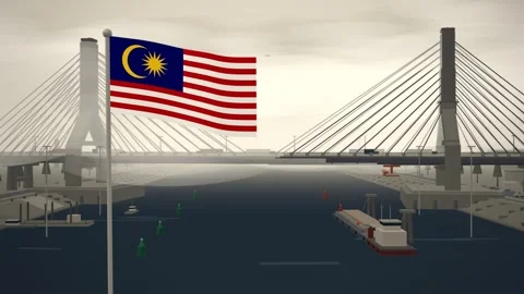 Malaysia Flag Flying Over Cable Stayed Bridge River seamless loop Stock Footage 345373178