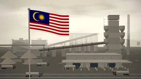 Malaysia Flag Flying Over Cement Works Rotary Kiln seamless loop Stock Footage 345343204