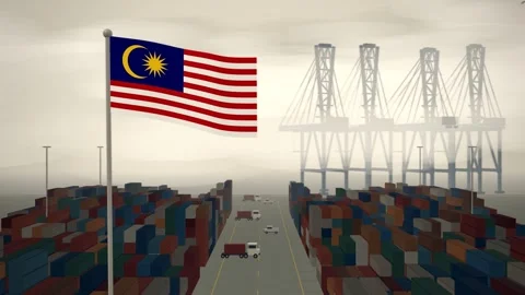 Malaysia Flag Flying Over A Container Port Terminal In Morning Haze Stockbeeldmateriaal 344471957