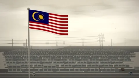 Malaysia Flag Flying Over Grid Battery Storage Farm seamless loop Stock Footage 345343735