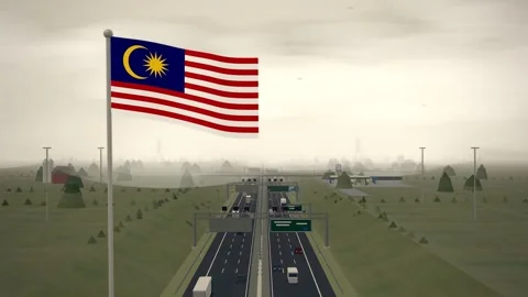 Malaysia Flag Flying Over Interstate Highway Rural Traffic seamless loop Video stock 345344335