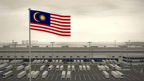 Malaysia Flag Flying Over Logistics Warehouse Distribution Centre seamless loop Stock Footage 345344237
