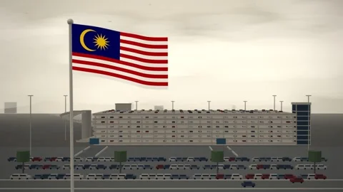 Malaysia Flag Flying Over Multi Storey Car Park seamless loop Stock-Footage 345313336
