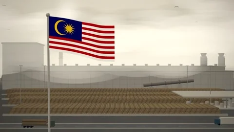 Malaysia Flag Flying Over Paper Mill Log Yard seamless loop Stock Footage 345379182