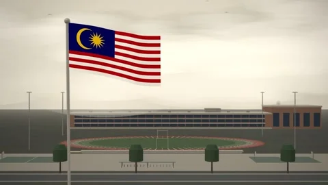Malaysia Flag Flying Over School Campus Running Track seamless loop Stock Footage 345380555