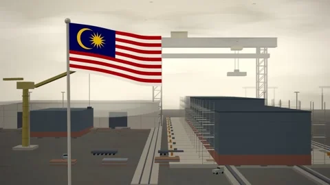 Malaysia Flag Flying Over Shipyard Building Berth Gantry seamless loop Vídeos de archivo 345343530