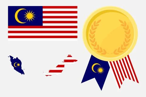 Malaysia flag with map and gold medal in set for web and banners or app and.. Stock Illustration