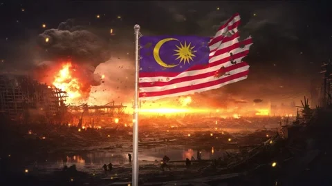 Malaysia flag waving in war is torn Vídeo Stock 346009864