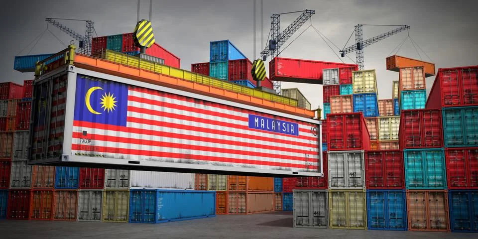 Malaysia - freight container in cargo terminal - 3D illustration Stock Illustration