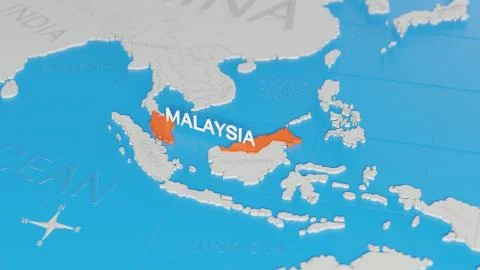 Malaysia highlighted on a white simplified 3D world map. Digital 3D render. Stock Illustration