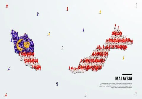Malaysia Map and Flag. A large group of people in the Malaysian flag color. Stock Illustration