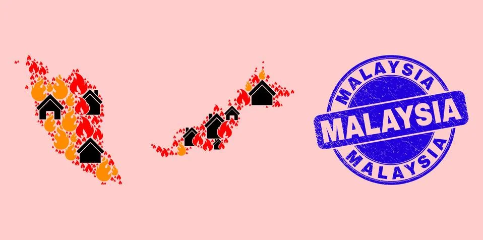 Malaysia Map Collage of Flame and Realty and Distress Malaysia Seal Stamp Ilustração Stock