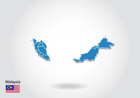Malaysia map design with 3D style. Blue Malaysia map and National flag. Simpl Stock Illustration