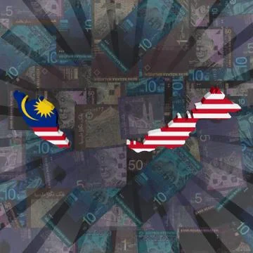 Malaysia map flag on Ringitt sunburst illustration Stock Illustration