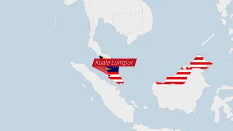 Malaysia map highlighted in Malaysia flag colors and pin of country capital.. Stock-Illustration