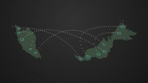 Malaysia Map Network Animation with Data Signals Connecting Different Locations Stock Footage 342308707