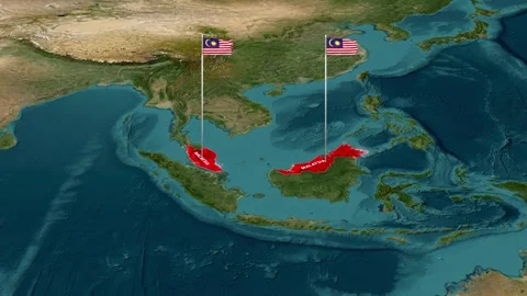Malaysia national flags and borders displayed on animated map footage Vídeo Stock 342310466