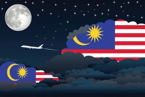 Malaysia Night Clouds Airplane Vector Illustration Stock Illustration