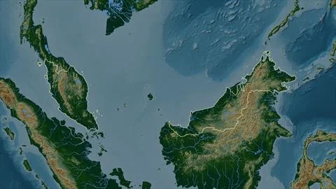 Malaysia outlined on a Colored elevation map with lakes and rivers Illustrazione stock
