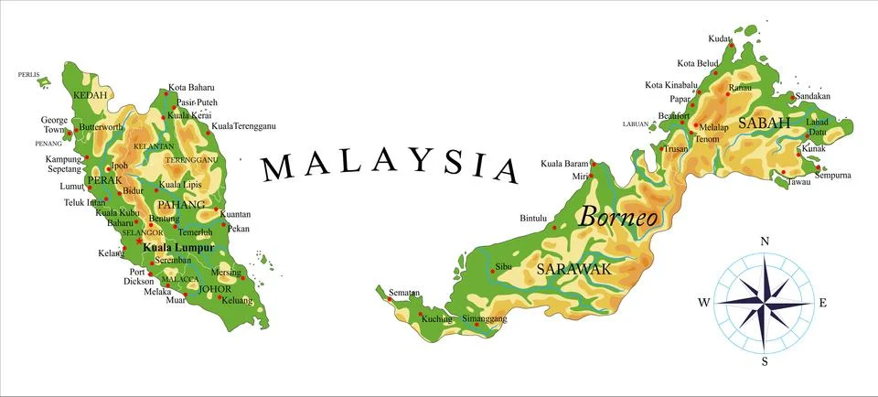 Malaysia physical map Stock Illustration