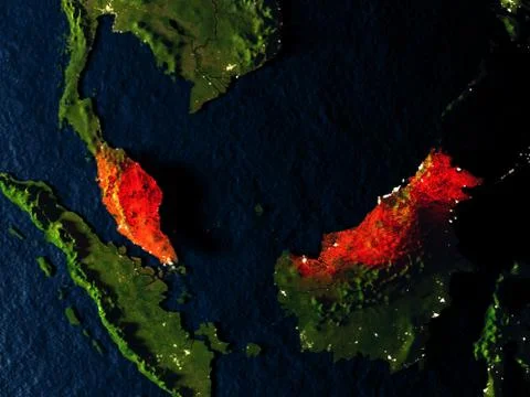 Malaysia in red from space at night Stock Illustration