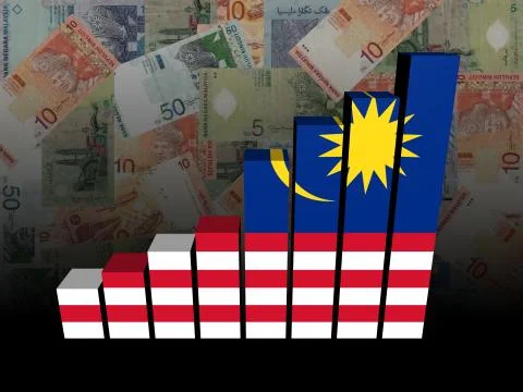 Malaysian flag bar chart over Ringgit illustration Illustrazione stock