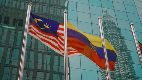 The Malaysian flag is flying in front of the modern building Stock Footage 116533237