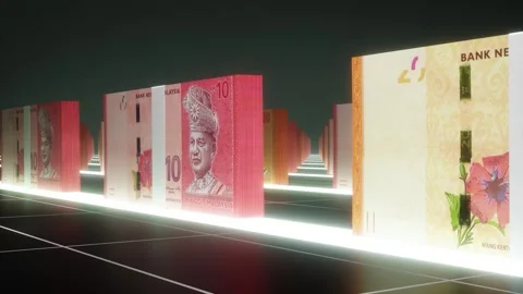 Malaysian Ringgit Banknote Bundles with Neon Glow on Dark Background Stock Footage 328995026