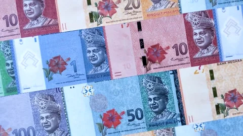 Malaysian ringgit banknotes as a tool for trade and financial transactions. The  Stock Footage 340641077