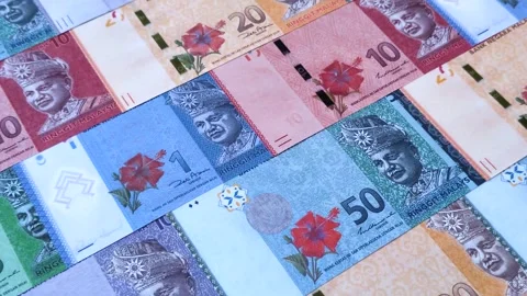 Malaysian ringgit banknotes as a tool for trade and financial transactions. The  Stock Footage 340641093