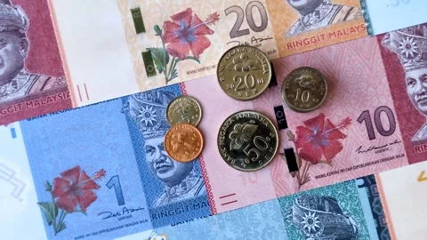 Malaysian ringgit banknotes as a tool for trade and financial transactions. The  Stock Footage 340641135