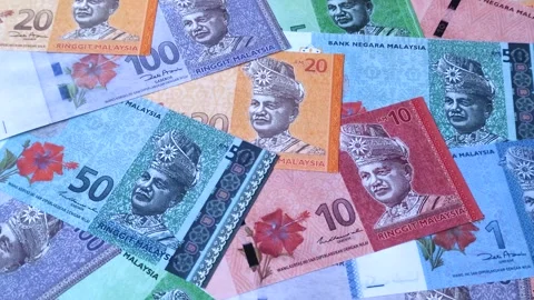 Malaysian ringgit banknotes as a tool for trade and financial transactions. The  Stock Footage 340641453