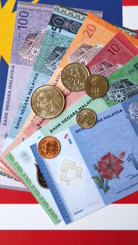 Malaysian ringgit banknotes as a tool for trade and financial transactions. The  Vídeo Stock 343652775