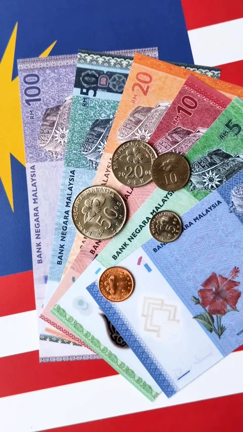 Malaysian ringgit banknotes as a tool for trade and financial transactions. The  Stock Footage 343652788