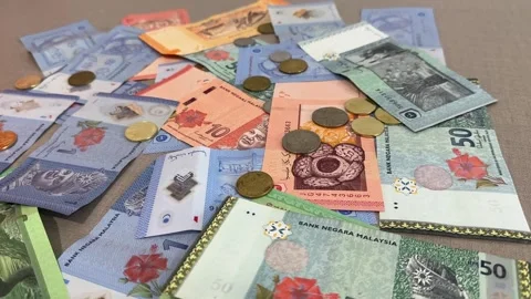 Malaysian Ringgit cash bills notes coins money currency malaysia Stock Footage 307470845