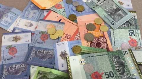 Malaysian Ringgit cash bills notes coins money currency malaysia trade payment Stock Footage 307470849