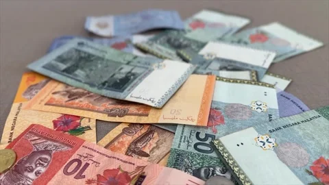 Malaysian Ringgit cash currency close up coins bills notes RM MYR money Stock-Footage 307288285