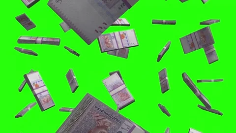 Malaysian Ringgit Falling Animation Stacks Of Money on Green Screen Stock Footage 302587855