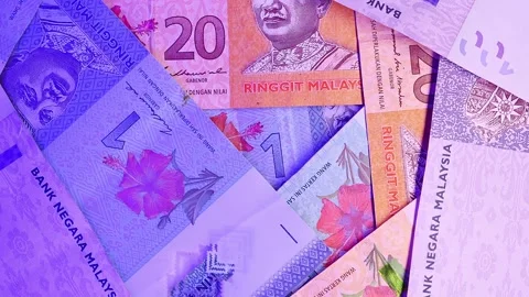 Malaysian ringgit (MYR) banknotes under the flashing light of a police siren. Stock Footage 297225279