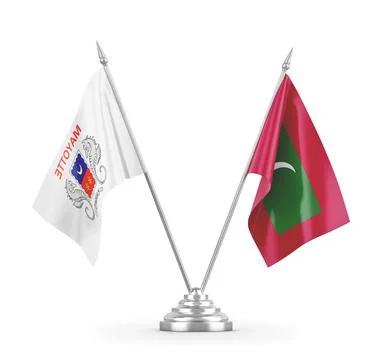 Maldives and Mayotte table flags isolated on white 3D rendering Stock Illustration
