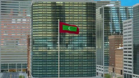 Maldives Flag 3D Render Animation on Pole with Modern Business District Buil Video stock 332878343