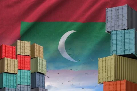 Maldives flag and big stack of shipping cargo containers in docks with sky Stock Illustration