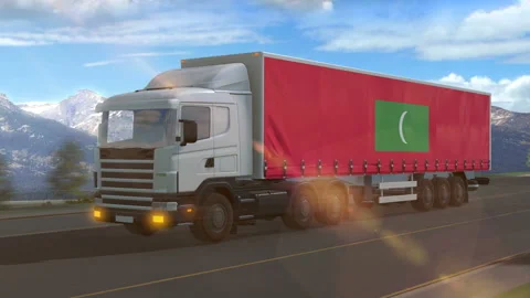 Maldives flag shown on the side of a large truck Stock Footage 122103040