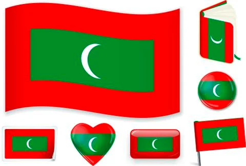 Maldives flag wave, book, circle, pin, button, heart and sticker. Stock Illustration