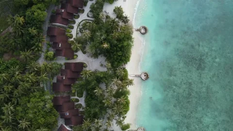 Maldives Island Top Down Tracking Along Coastline Beach Blue Sea Stock Footage 208879339