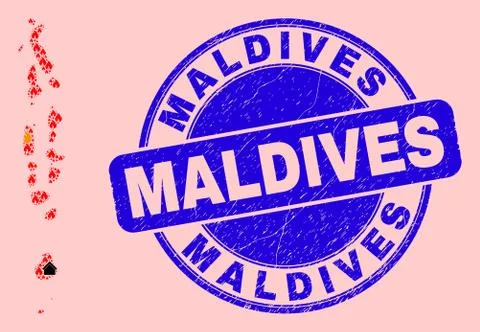 Maldives Map Collage of Flame and Properties and Scratched Maldives Seal Ilustración de archivo